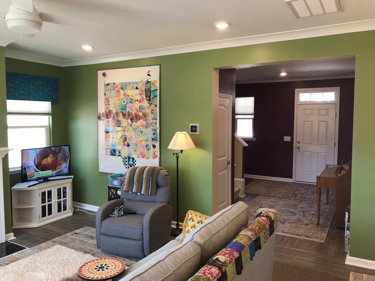 Family room with fresh green paint
