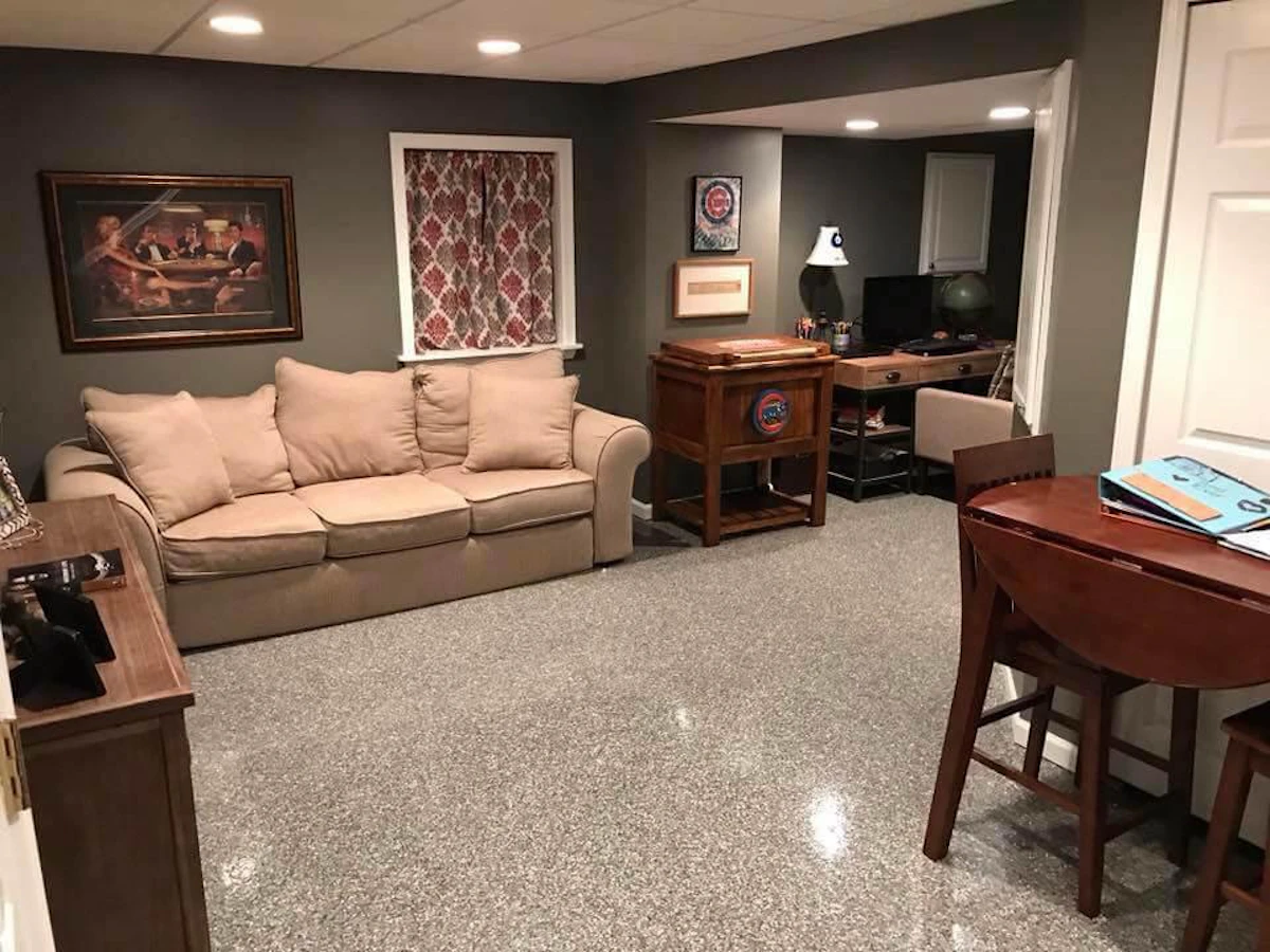 Freshly coated concrete basement floor