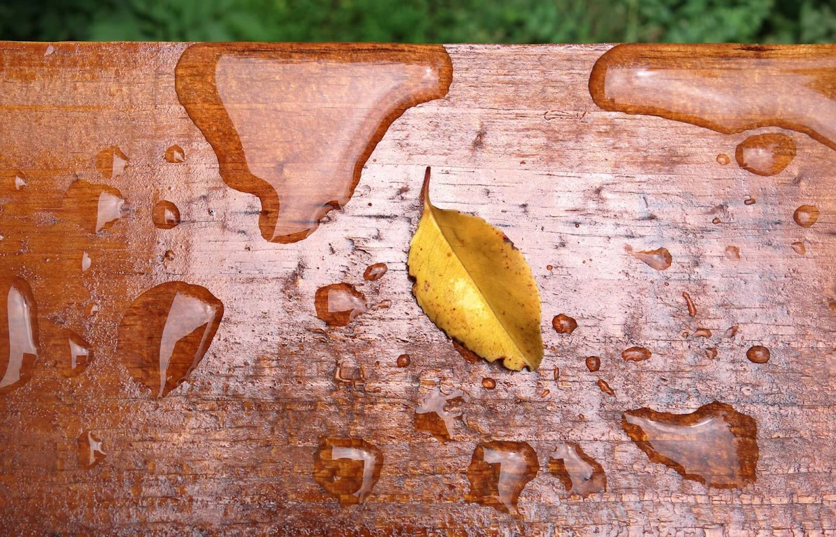 Deck with water droplets and a leaf.