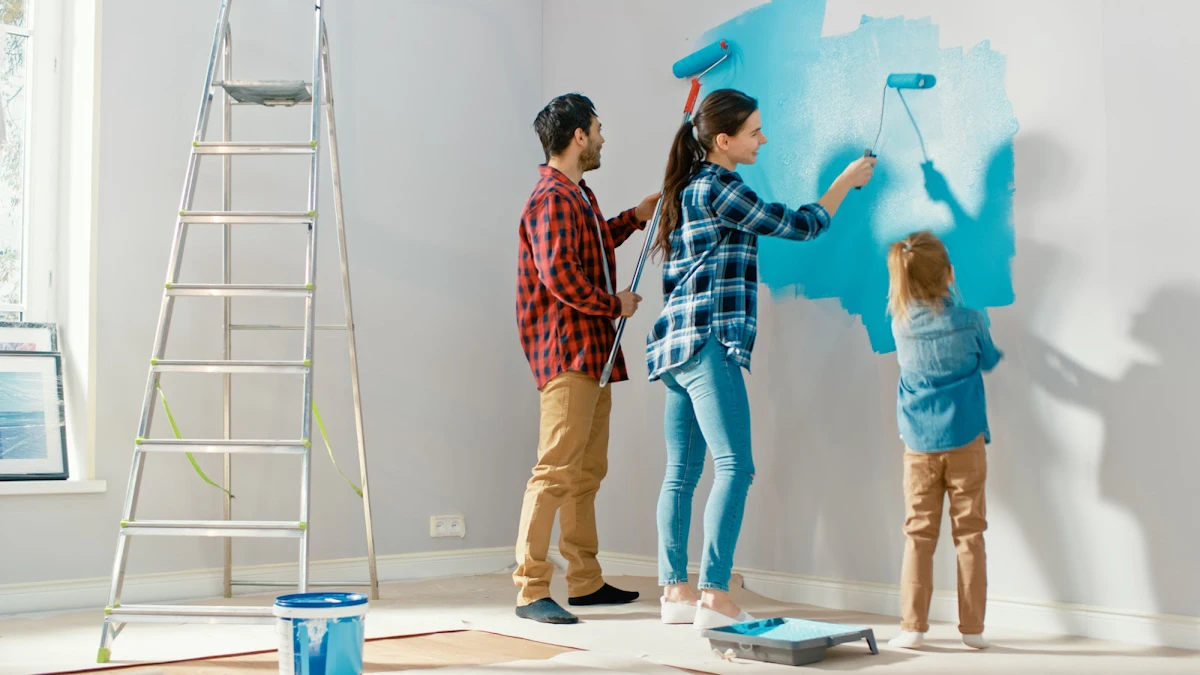 Family painting a living room wall