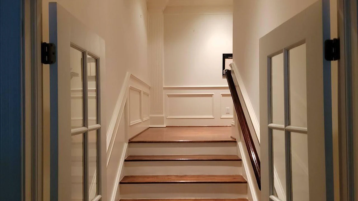 Staircase with interior trim.