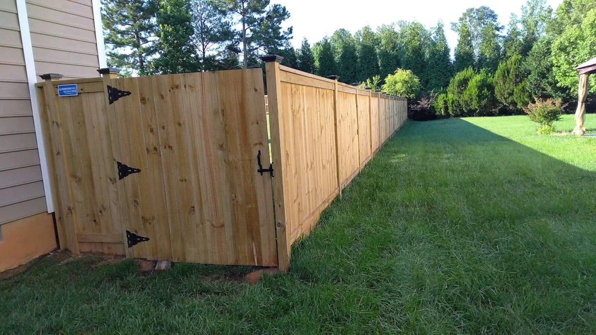 Newly made fence in a backyard.